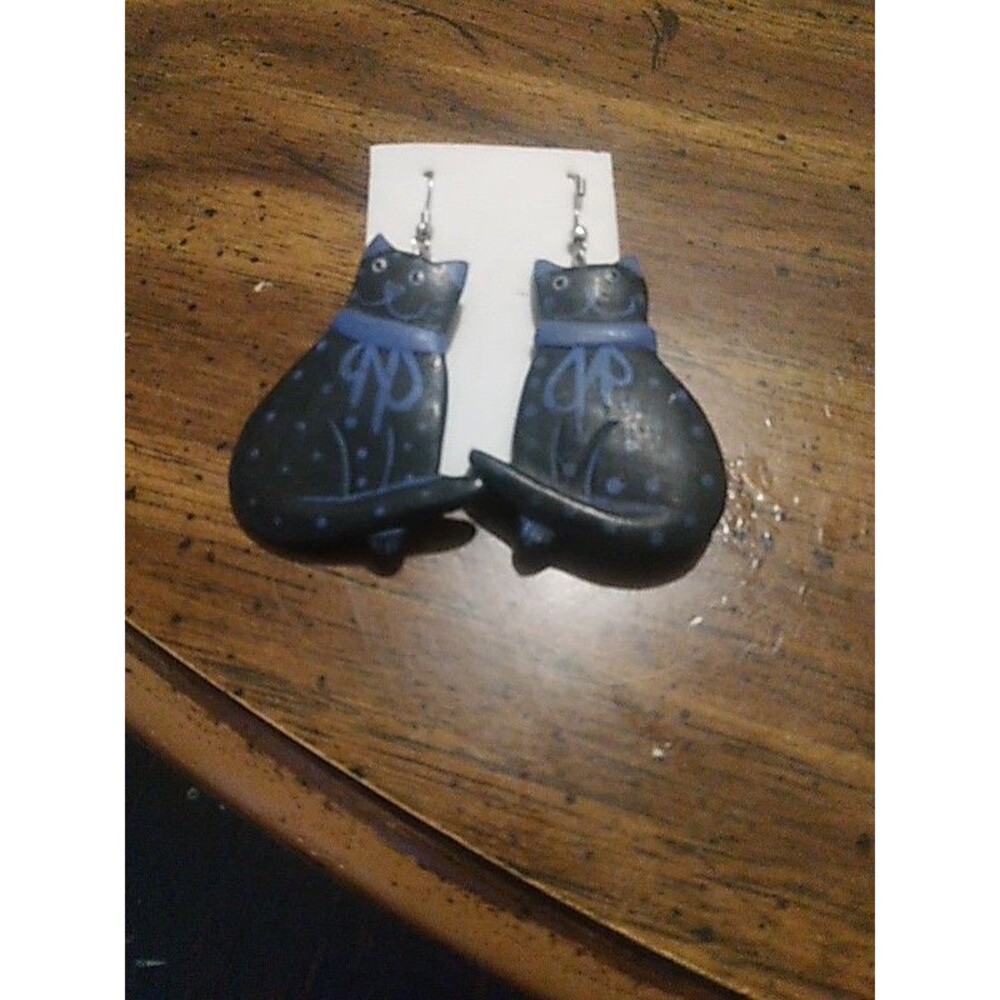 Vintage Hand Painted Wood Cat Earrings Dangle Black  Kitty W/Blue Dots  3"